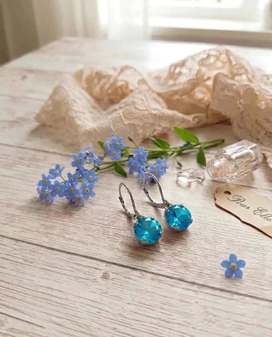 Boucles d'oreilles pendantes, couleur Bleues et argenté